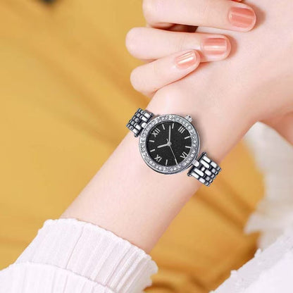 Ladies Stainless Steel Crystal Black Dial Watch