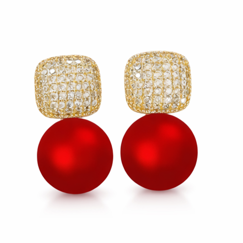 Luxury Gold-Tone Red Pearl Drop Earrings  CZ Crystal Statement Jewelry