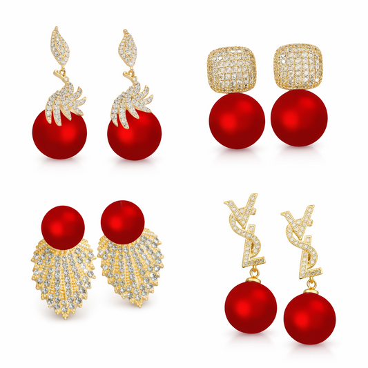 Luxury Gold-Tone Red Pearl Drop Earrings  CZ Crystal Statement Jewelry
