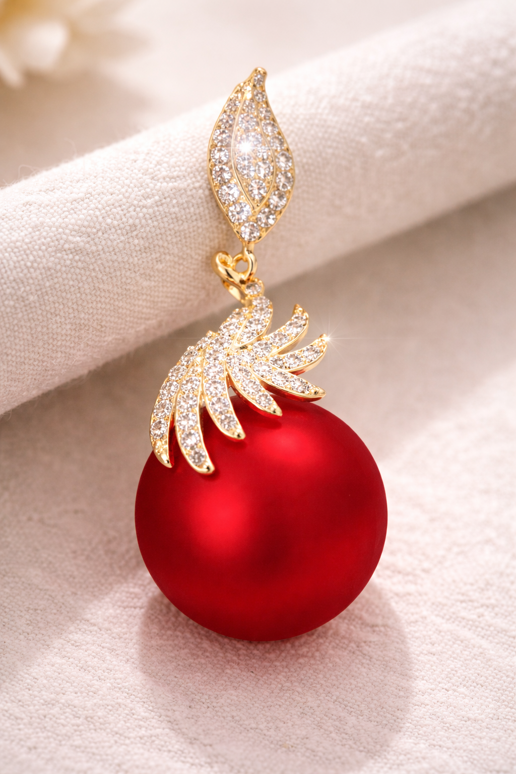 Luxury Gold-Tone Red Pearl Drop Earrings  CZ Crystal Statement Jewelry