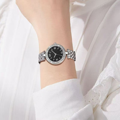 Ladies Stainless Steel Crystal Black Dial Watch