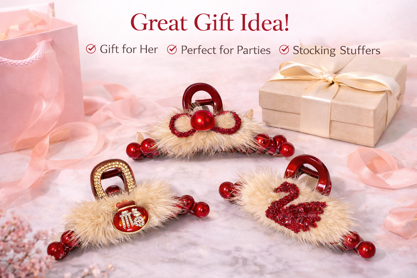 Luxury Faux Fur Hair Claw Clip – Red Rhinestone Hair Accessory