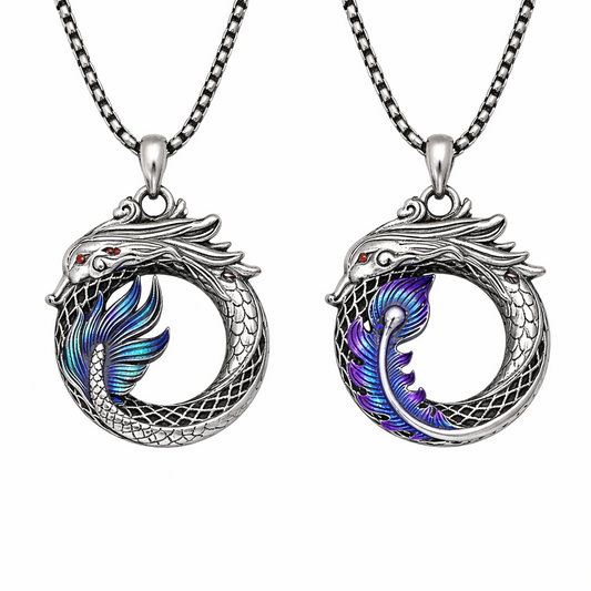 Dragon Ouroboros Necklace – Fantasy Dragon Pendant w Chain, Blue or Purple Wing