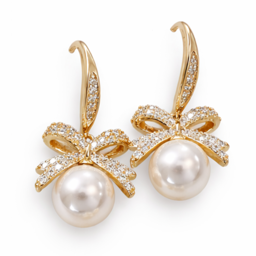 Gold Pearl Drop Earrings – CZ Crystal Snowflake, Bow, Heart or Cluster Style