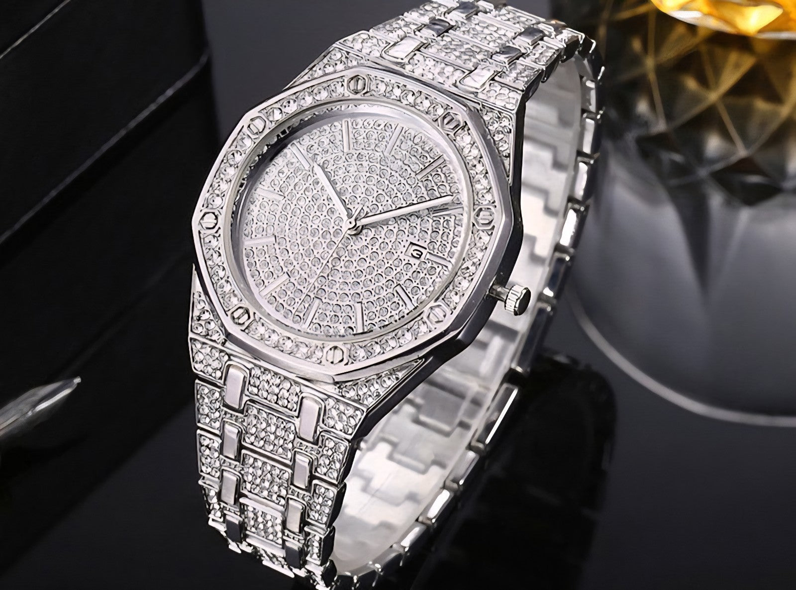 Simulated Quartz Iced Luxury Watch Mens Date Gold Diamond Bling Hip Hop Plated