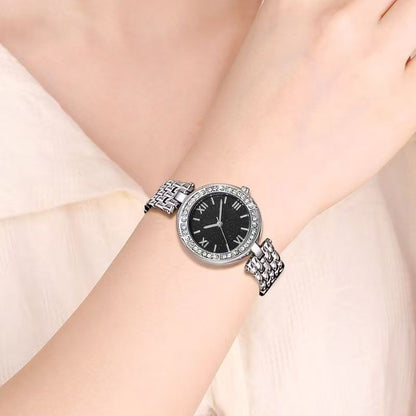 Ladies Stainless Steel Crystal Black Dial Watch