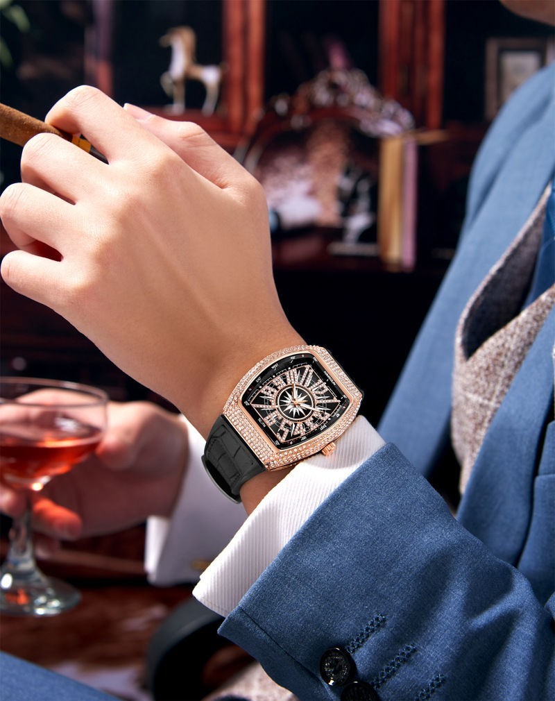 Luxury Mens Skull Big Face Watches Rectangle Punk Diamond Dial Leather Strap