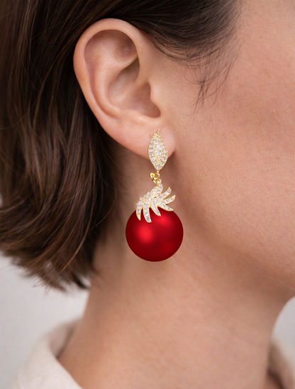 Luxury Gold-Tone Red Pearl Drop Earrings  CZ Crystal Statement Jewelry