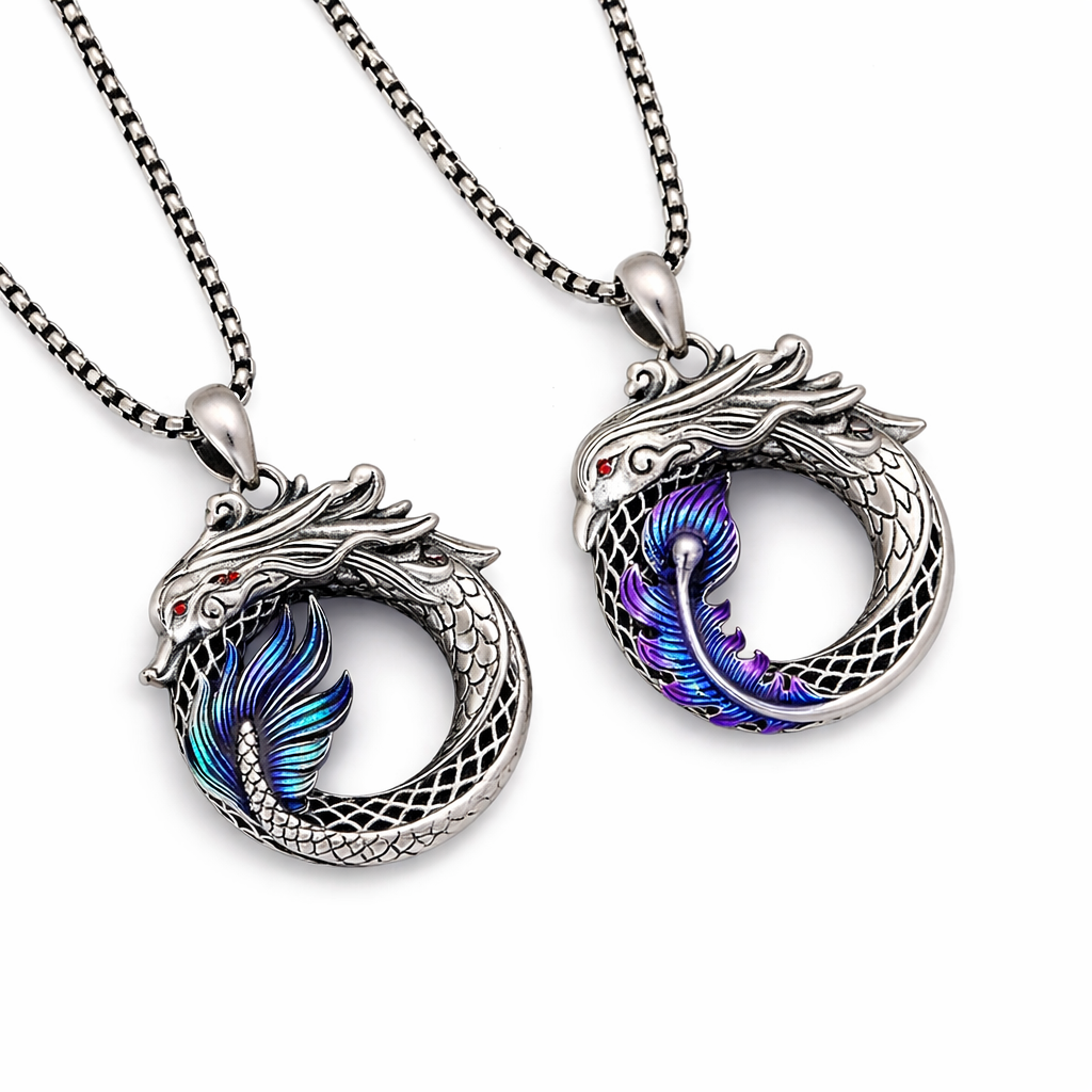 Dragon Ouroboros Necklace – Fantasy Dragon Pendant w Chain, Blue or Purple Wing