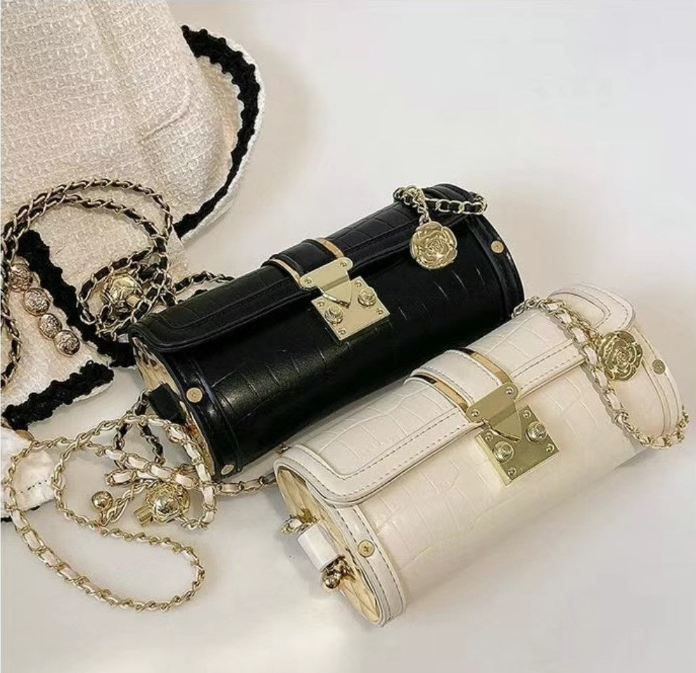 Leather Handbag for Women Small Shoulder Bag Gold Chain Embossed Flower Pattern