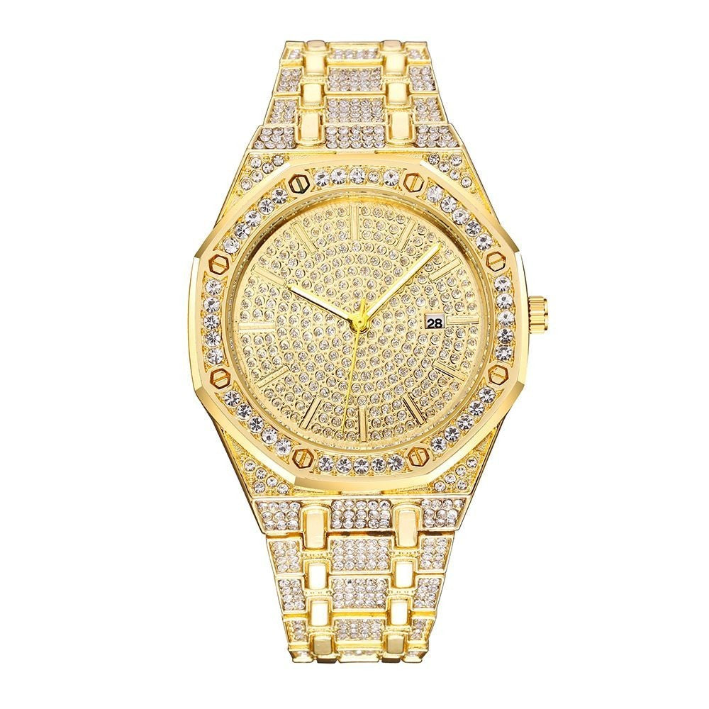 Simulated Quartz Iced Luxury Watch Mens Date Gold Diamond Bling Hip Hop Plated
