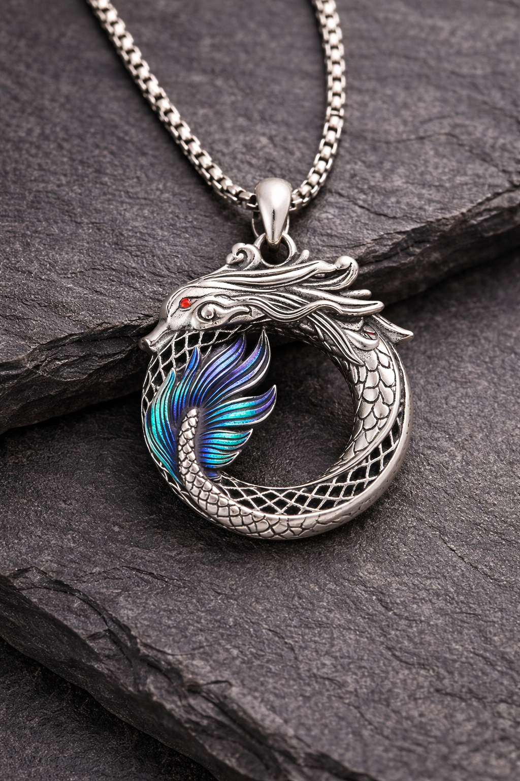 Dragon Ouroboros Necklace – Fantasy Dragon Pendant w Chain, Blue or Purple Wing