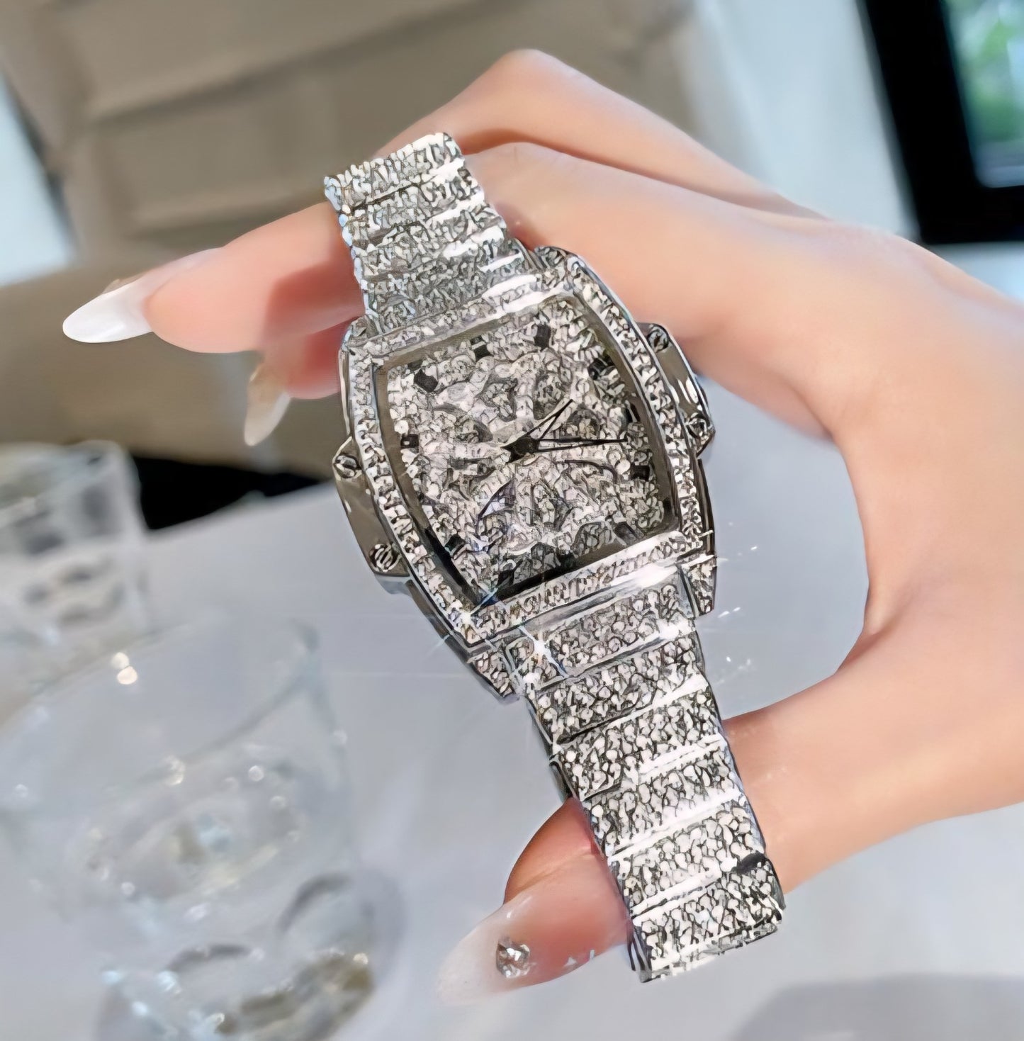 Hip Hop Iced Gold Plated Luxury Bling Simulated Diamond Square Metal Band Watch