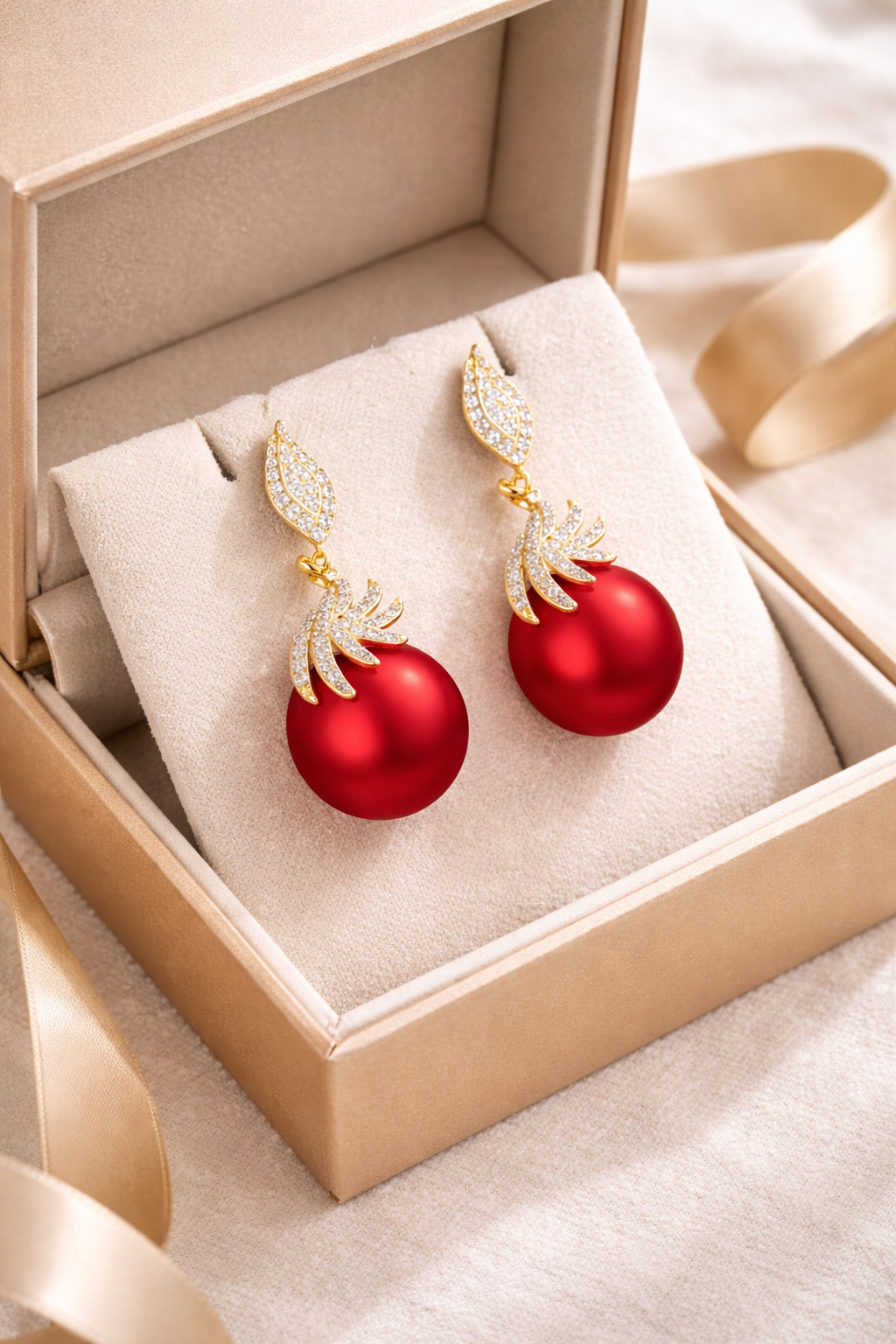 Luxury Gold-Tone Red Pearl Drop Earrings  CZ Crystal Statement Jewelry