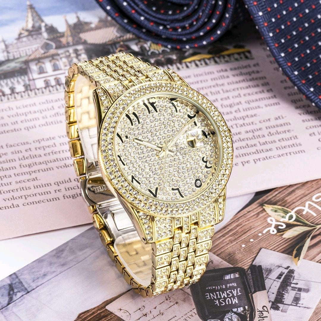 Gold-Plated Iced Hip Hop Watch Unisex Metal Band with Simulated Diamonds
