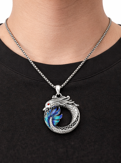 Dragon Ouroboros Necklace – Fantasy Dragon Pendant w Chain, Blue or Purple Wing