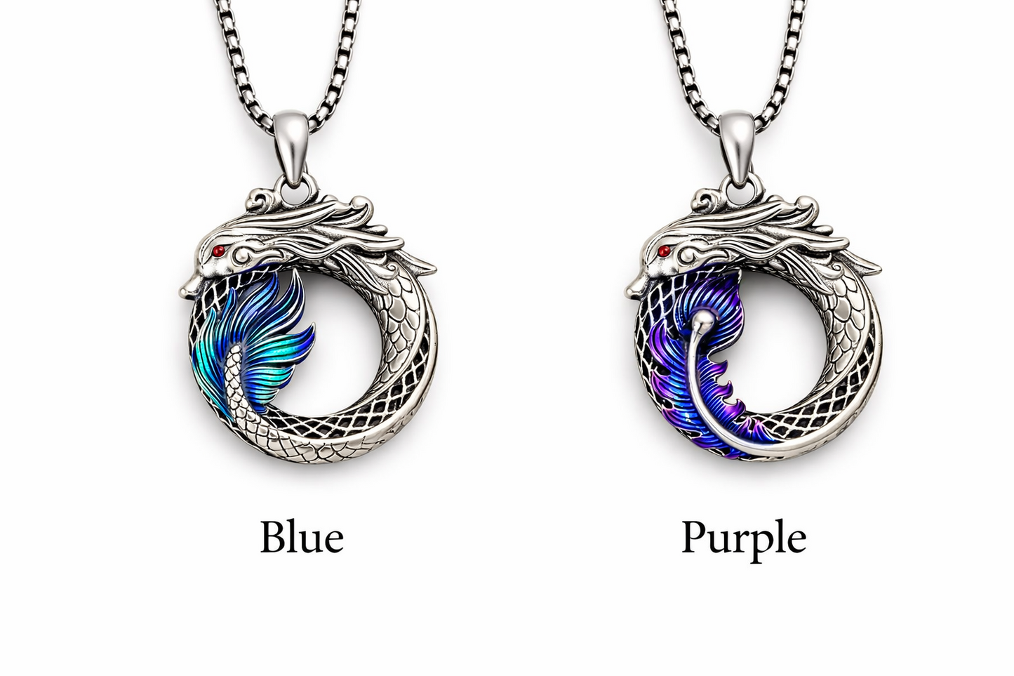 Dragon Ouroboros Necklace – Fantasy Dragon Pendant w Chain, Blue or Purple Wing