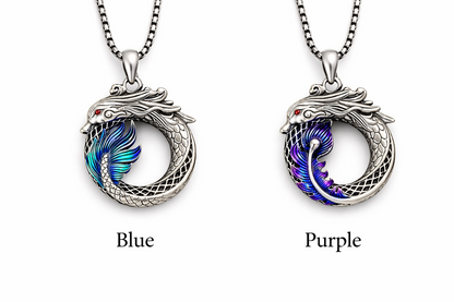 Dragon Ouroboros Necklace – Fantasy Dragon Pendant w Chain, Blue or Purple Wing