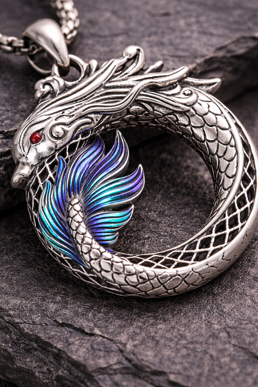 Dragon Ouroboros Necklace – Fantasy Dragon Pendant w Chain, Blue or Purple Wing