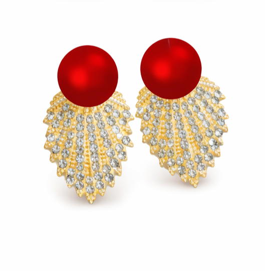 Luxury Gold-Tone Red Pearl Drop Earrings  CZ Crystal Statement Jewelry