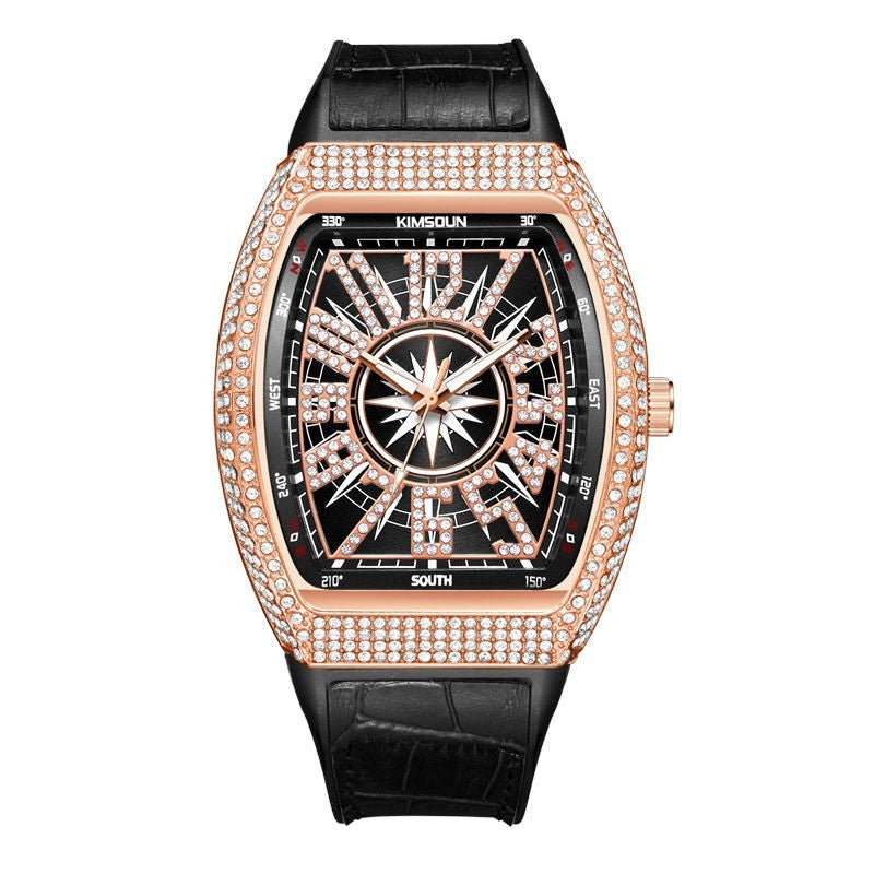 Luxury Mens Skull Big Face Watches Rectangle Punk Diamond Dial Leather Strap