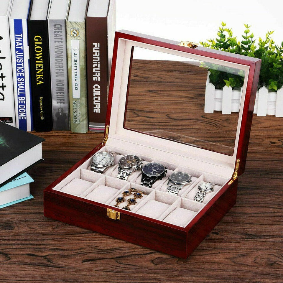 12 Slots Man Wooden Watch Display Box Jewelry Storage Organizer Case Holder