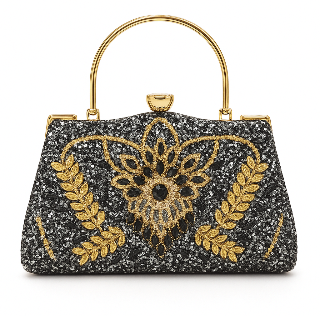 Midnight Glamour Crystal & Gold Embellished Evening Handbag