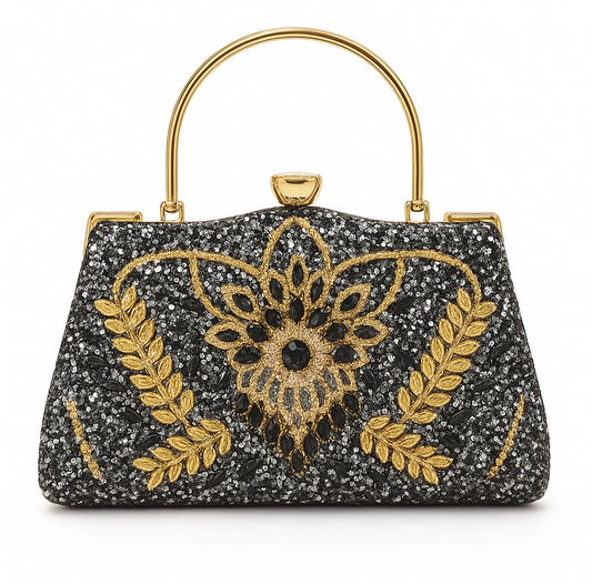 Midnight Glamour Crystal & Gold Embellished Evening Handbag