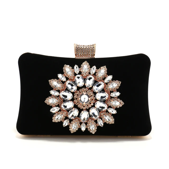 Velour Noir Luxe Clutch with Radiant Crystal Medallion
