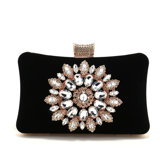 Velour Noir Luxe Clutch with Radiant Crystal Medallion