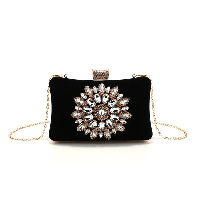 Velour Noir Luxe Clutch with Radiant Crystal Medallion