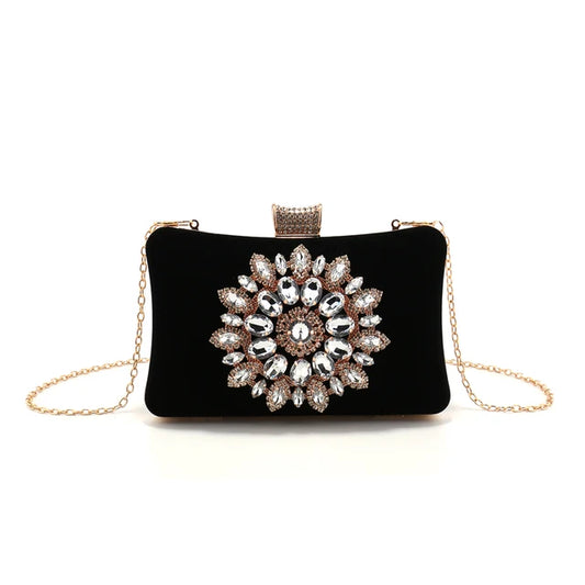 Velour Noir Luxe Clutch with Radiant Crystal Medallion